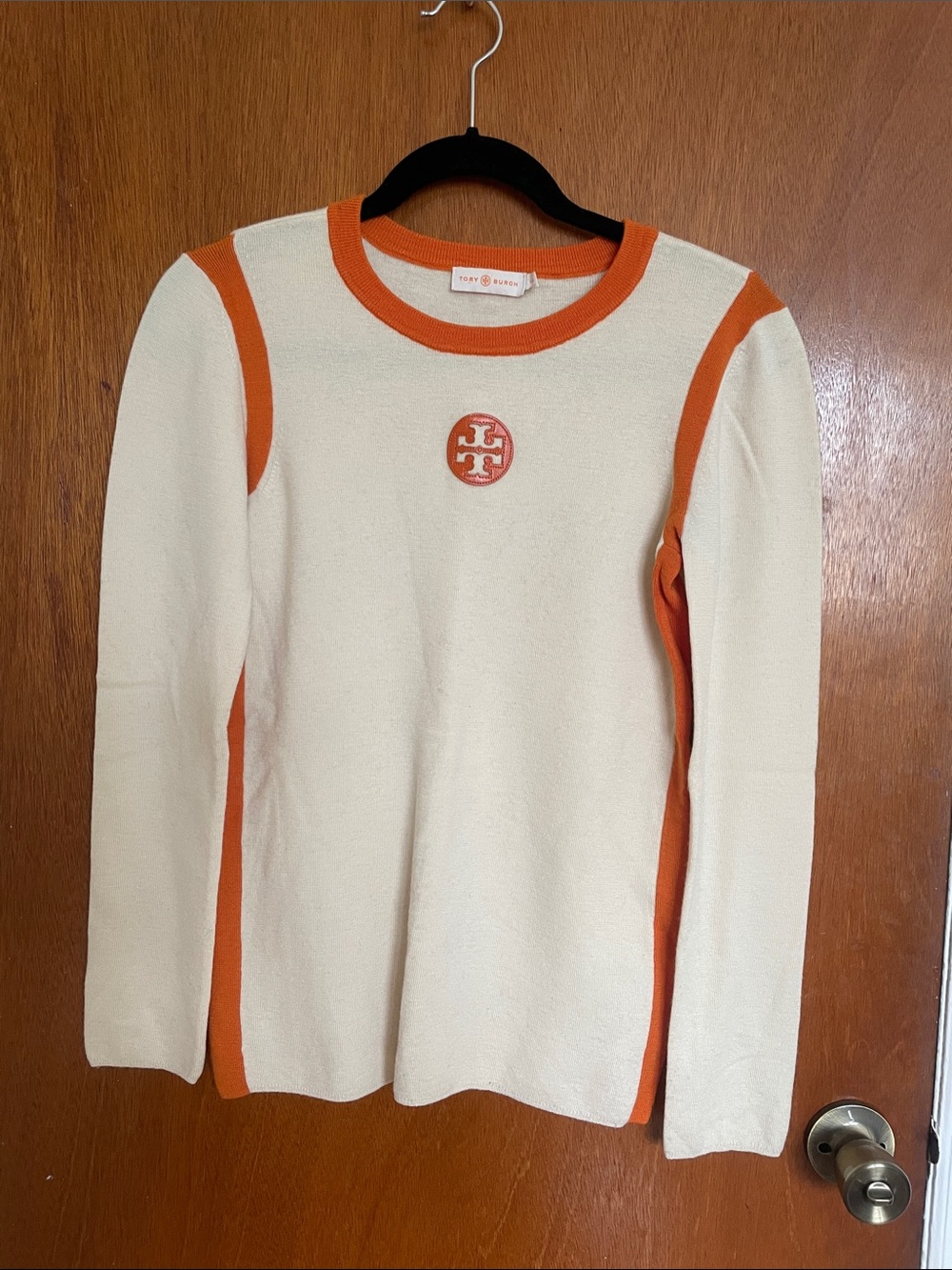 Tory Burch Cream Sweater with Orange Trim & Logo